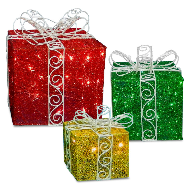 National Tree Co. 3 Piece PreLit Sisal Gift Box Lighted Display